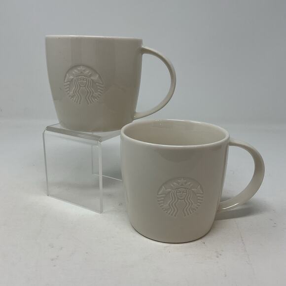 Starbucks 2010 White Embossed Mermaid Siren T Handle Coffee Mug Cup Set Of 2